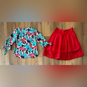 Talbots 2 Piece Summer Outfit Tropical Floral Blouse and Red Skirt Set